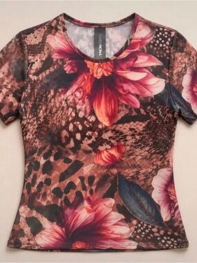 Fashion Nova Sheer Brown Floral & Animal-Print Short Sleeve Tee Pink Accents